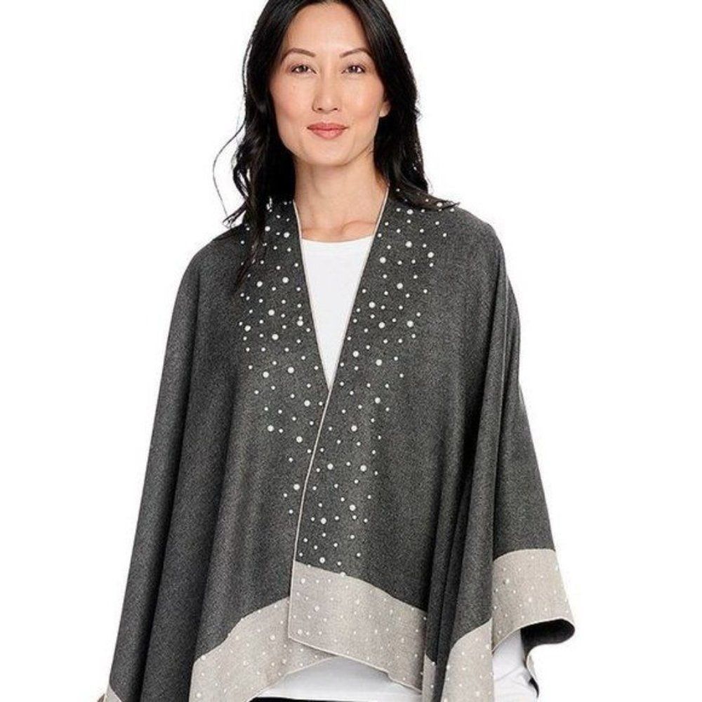 Charcoal Gray and Beige Woven Ruana Cape with Pearl Lapel Accent - Picture 2 of 4
